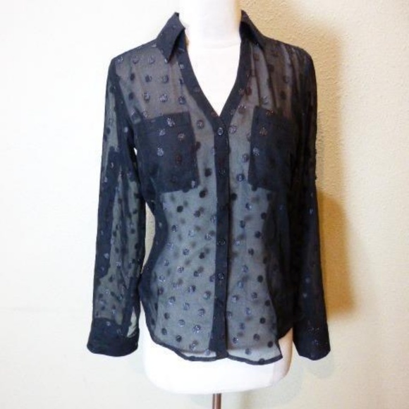 Express Tops - Express Portofino button down shirt black sheer
